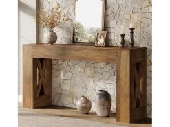 Mesa consola de 160 cm de largo, mesa de entrada estilo granja con 2 cajones y patas en forma de X
