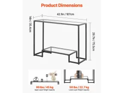 Mesa Consola de Cristal SucceBuy de 2 Niveles, Mesita Auxiliar con Tablero de Cristal Templado, Patas de Hierro y Dispositivo Antivuelco, Negra