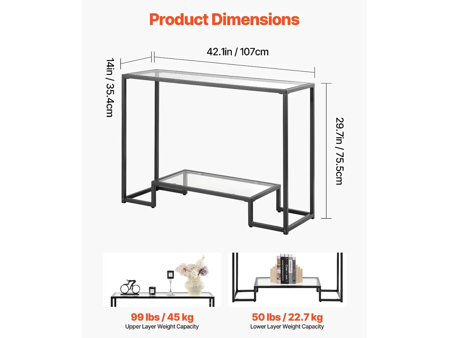Mesa Consola de Cristal SucceBuy de 2 Niveles, Mesita Auxiliar con Tablero de Cristal Templado, Patas de Hierro y Dispositivo Antivuelco, Negra