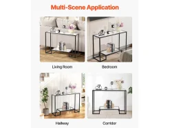 Mesa Consola de Cristal SucceBuy de 2 Niveles, Mesita Auxiliar con Tablero de Cristal Templado, Patas de Hierro y Dispositivo Antivuelco, Negra