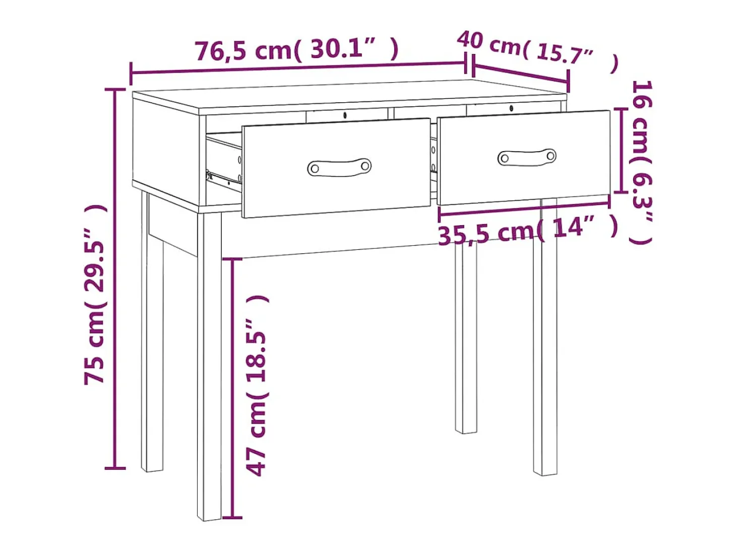 Mesa consola de madera maciza de pino gris 76,5x40x75 cm