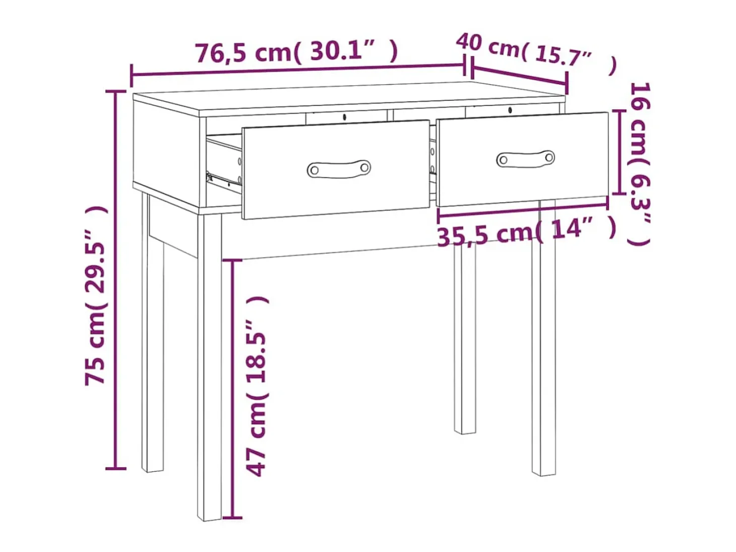 Mesa consola de madera maciza de pino blanco 76,5x40x75 cm