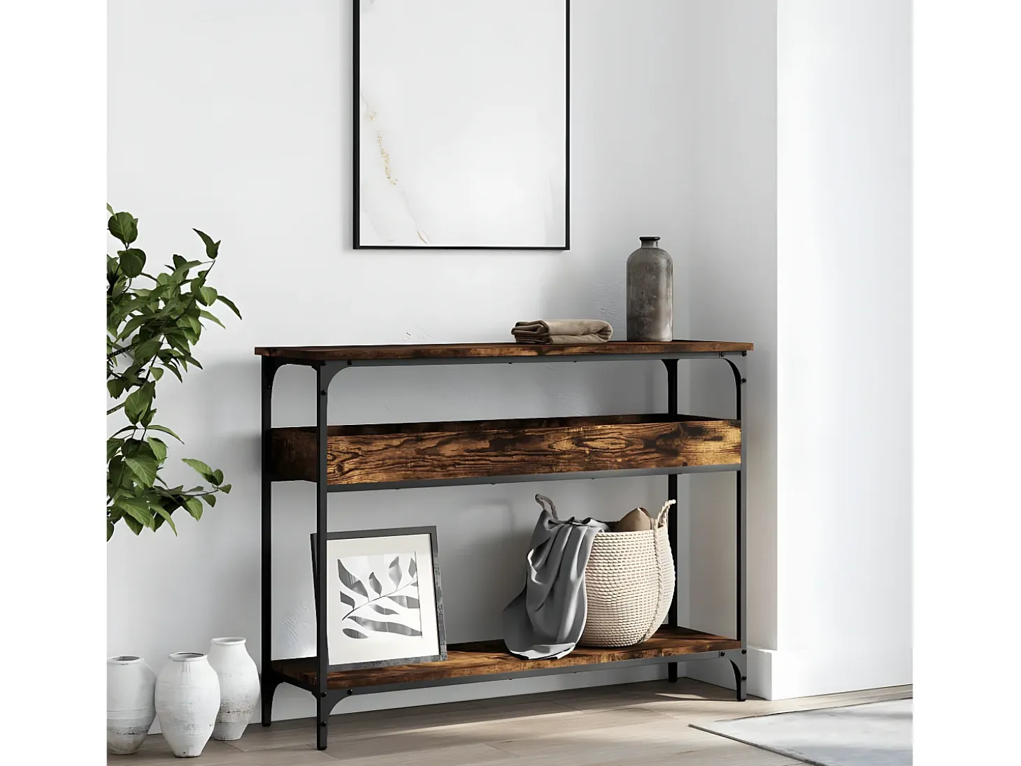 Mesa consola estante madera ingeniería roble humo 100x29x75 cm ES363857