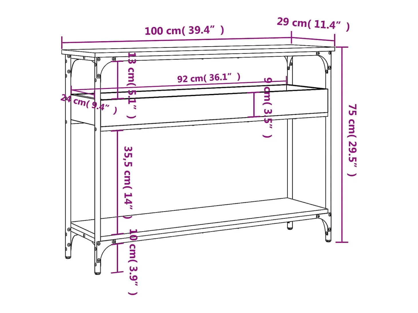 Mesa consola estante madera ingeniería roble humo 100x29x75 cm