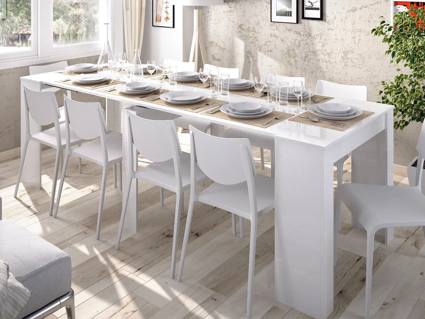Mesa consola extensible para 10 personas - 4 extensiones - Color: Blanco - ONEGA