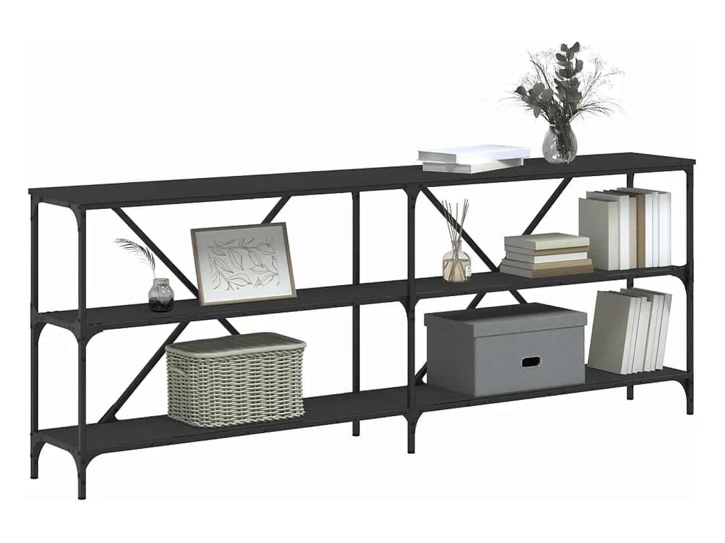 Mesa consola hierro y madera de ingeniería negro 200x30x75 cm