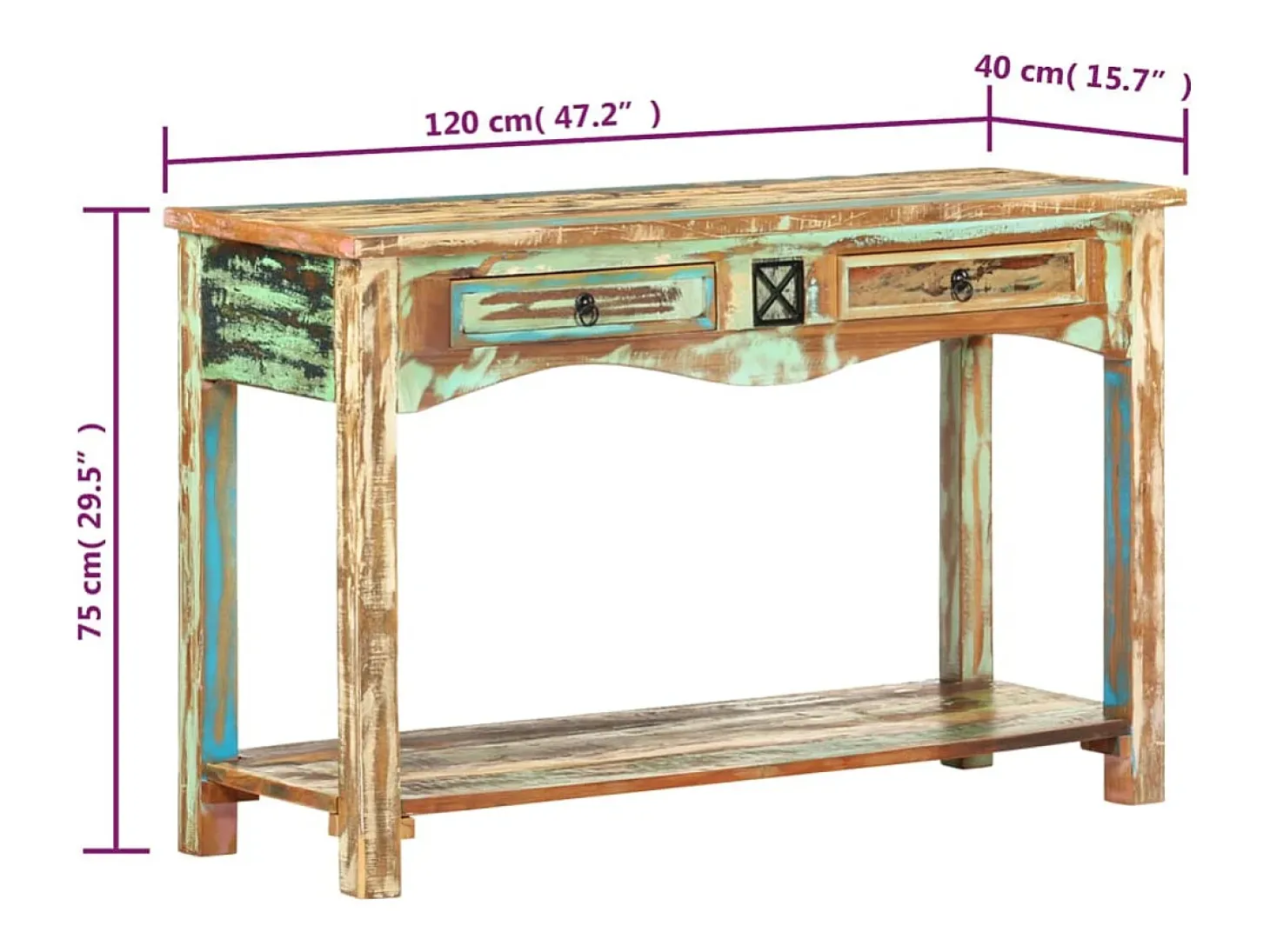 Mesa consola madera maciza reciclada 120x40x75 cm