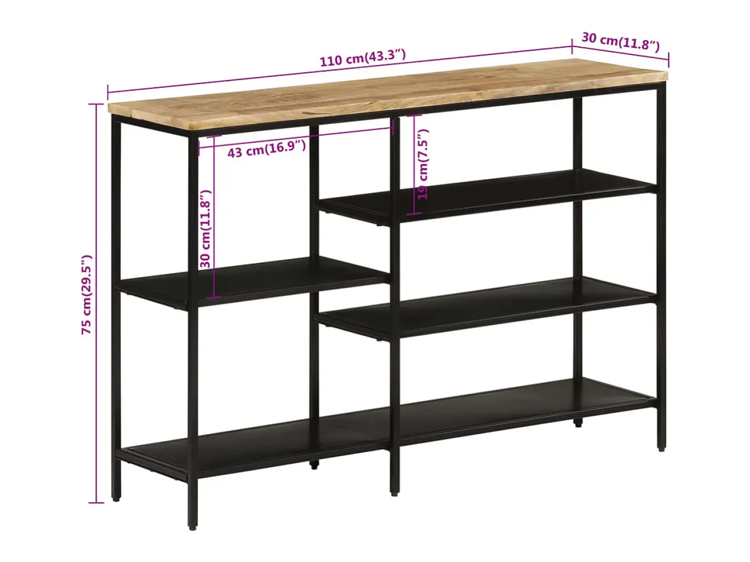 Mesa consola madera maciza mango rugosa y hierro 110x30x75 cm