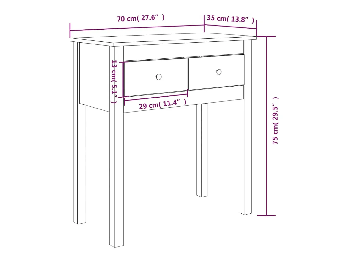 Mesa consola madera maciza de pino 70x35x75 cm