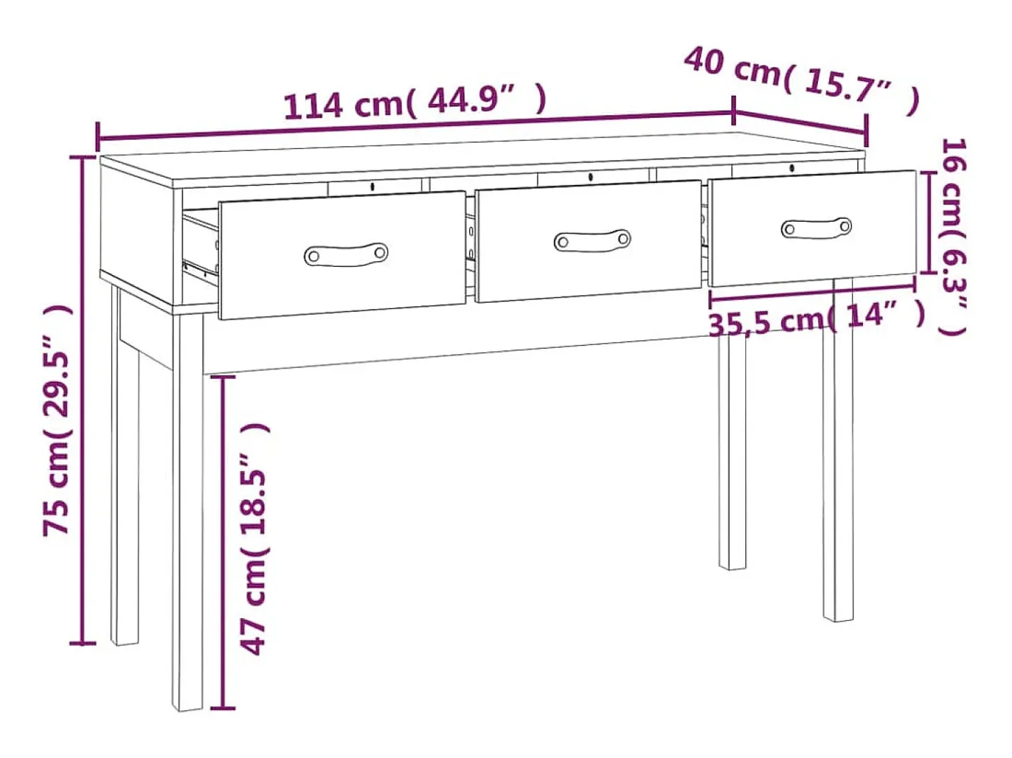 Mesa consola madera maciza de pino 114x40x75 cm