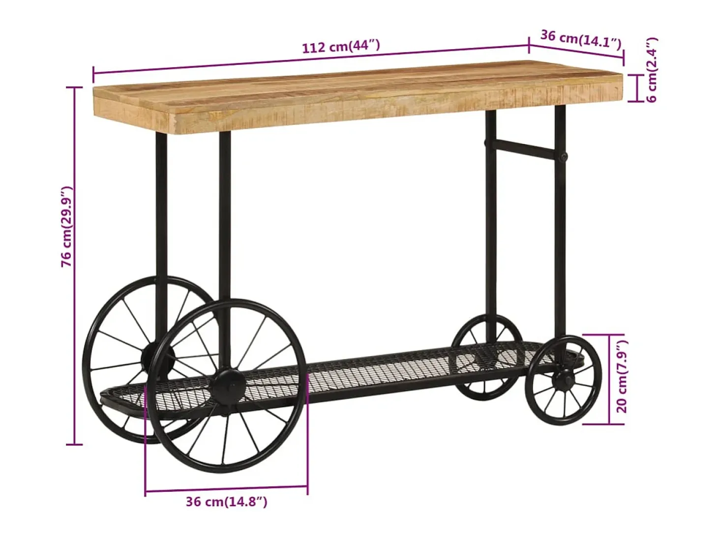 Mesa consola madera maciza de mango y hierro 112x36x76 cm