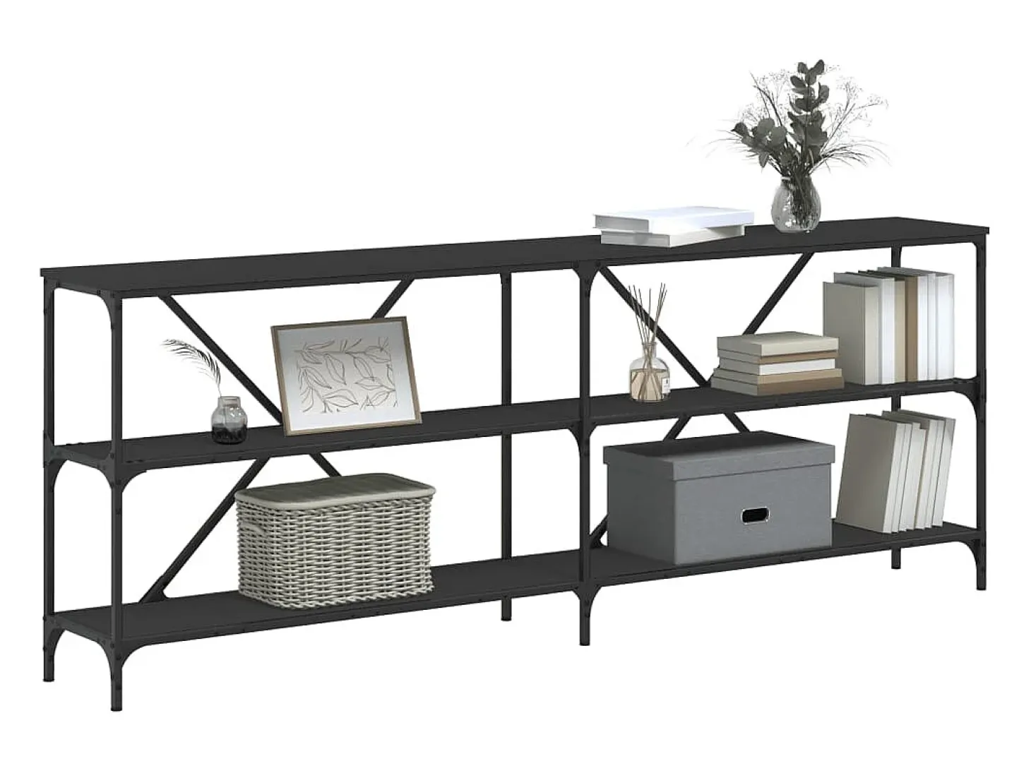 Mesa consola negra 200x30x75 cm madera contrachapada y hierro