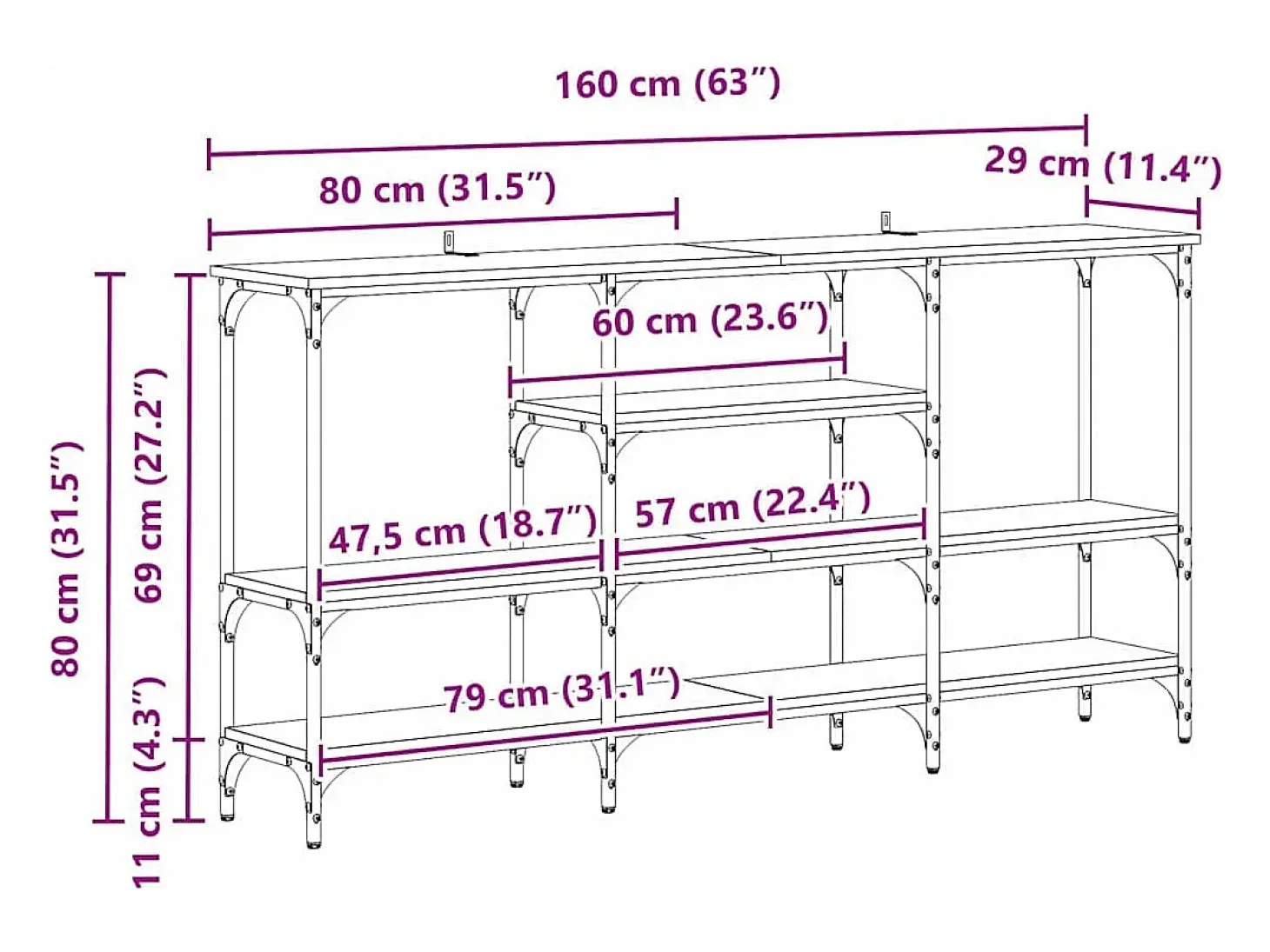 Mesa Consola Roble negro 160 x 29 x 80 cm Madera contrachapada