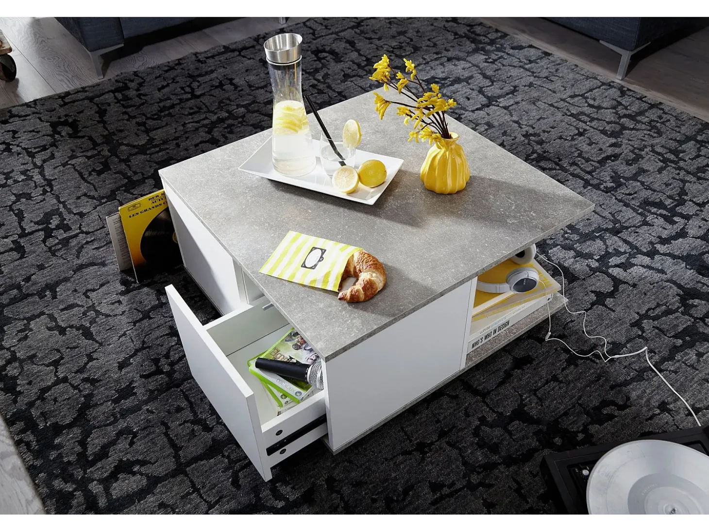 mesa de diseño 70x70 cm cemento gris / blanco | Mesa de salón con 2 cajones | Mesa de centro con ruedas | Mesa con 2 compartimentos.