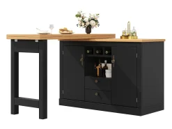 Mesa de bar extensible - 120/180 x 76 cm - con LED + 2 puertas + 2 cajones - Rotación 360° - MDF - Negro