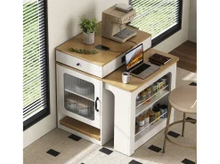 Mesa de bar extensible con tablero extraíble - 80 x 71/111/151 x 92 cm - con puerta + cajón - MDF + cristal - blanco + natural