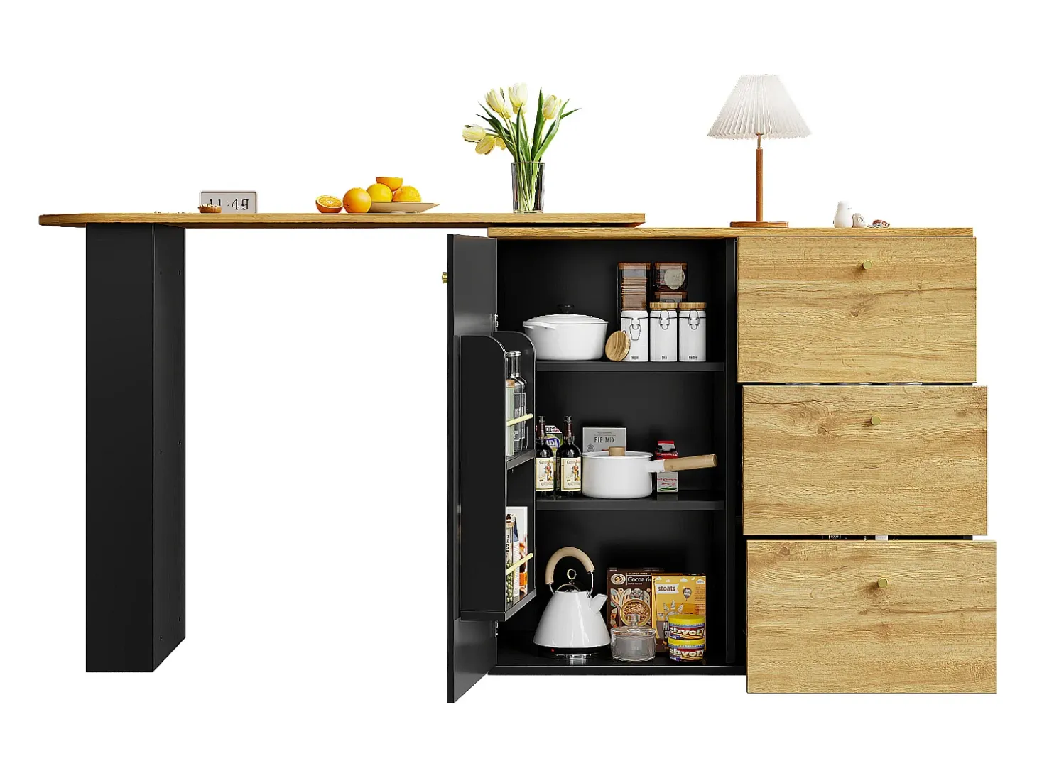 Mesa de bar extensible con espacio de almacenamiento, giratoria 360°, MDF, negra (138-204x39x104 cm)