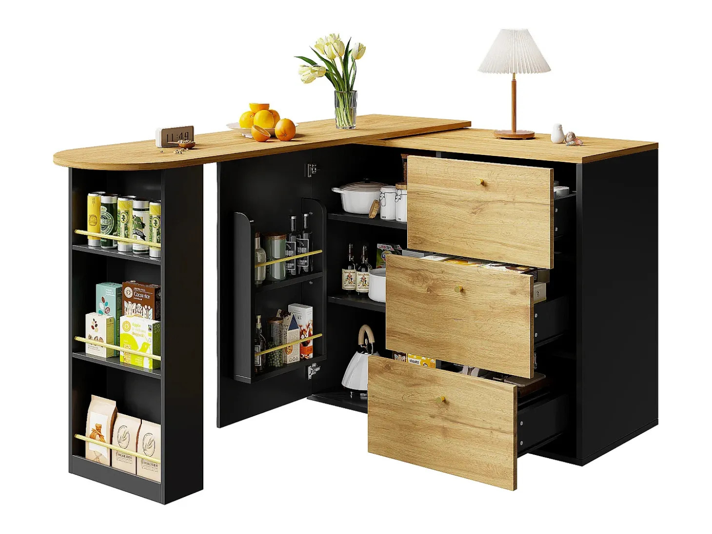 Mesa de bar extensible con espacio de almacenamiento, giratoria 360°, MDF, negra (138-204x39x104 cm)