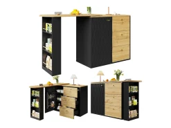 Mesa de bar extensible con espacio de almacenamiento, giratoria 360°, MDF, negra (138-204x39x104 cm)