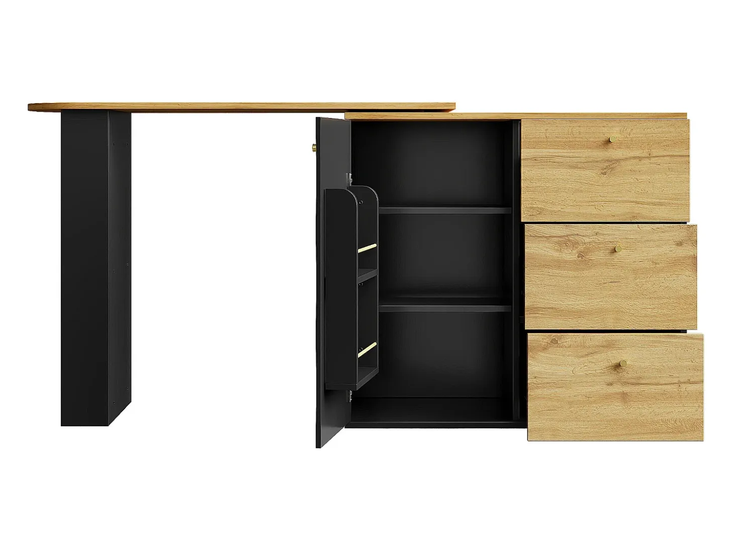 Mesa de bar extensible con espacio de almacenamiento, giratoria 360°, MDF, negra (138-204x39x104 cm)