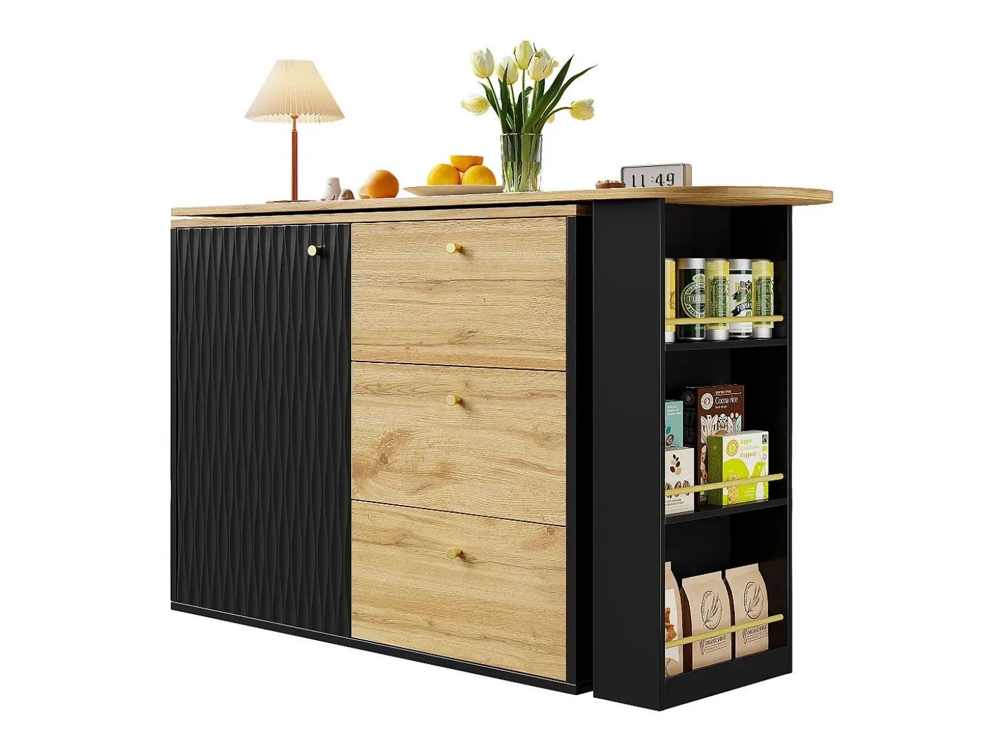 Mesa de bar extensible con espacio de almacenamiento, giratoria 360°, MDF, negra (138-204x39x104 cm)