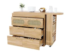 Mesa de bar giratoria 360° - 128/203 x 39 x 90 cm - con estantes + 6 cajones y puertas de ratán - MDF + metal - Natural