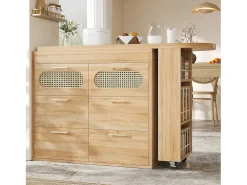 Mesa de bar giratoria 360° - 128/203 x 39 x 90 cm - con estantes + 6 cajones y puertas de ratán - MDF + metal - Natural