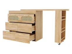 Mesa de bar giratoria 360° - 128/203 x 39 x 90 cm - con estantes + 6 cajones y puertas de ratán - MDF + metal - Natural