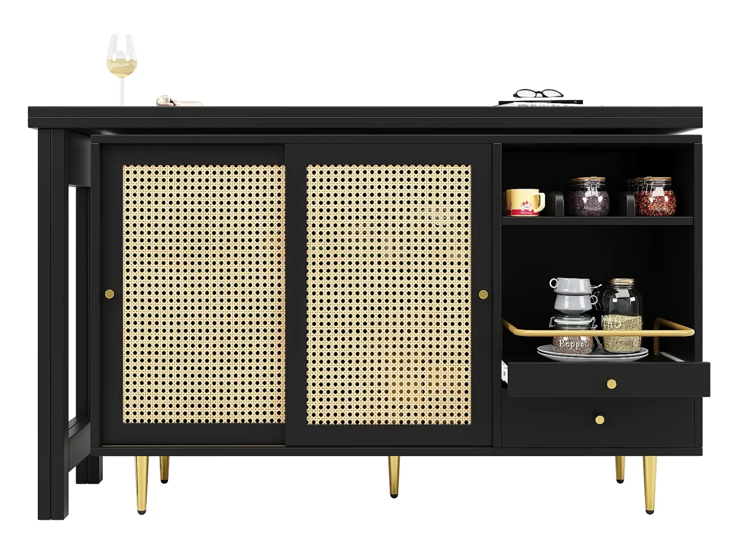 Mesa de bar giratoria con puerta de ratán y estante abierto - Mesa de comedor de madera - Negra - 107x40x71,4 cm