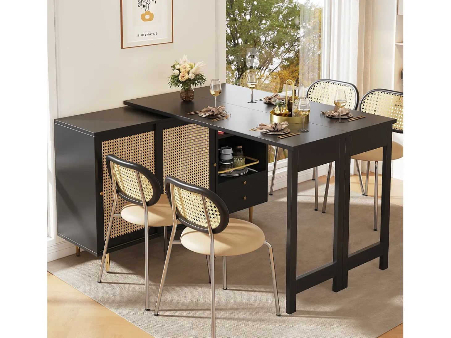 Mesa de bar giratoria con puerta de ratán y estante abierto - Mesa de comedor de madera - Negra - 107x40x71,4 cm
