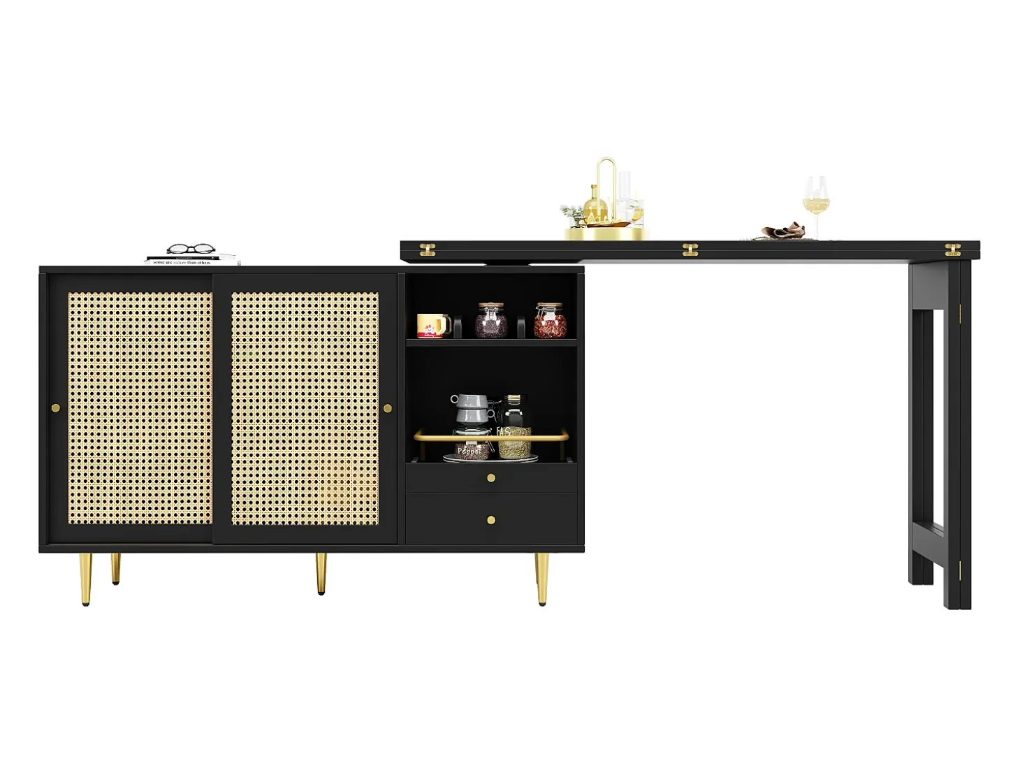 Mesa de bar giratoria con puerta de ratán y estante abierto - Mesa de comedor de madera - Negra - 107x40x71,4 cm