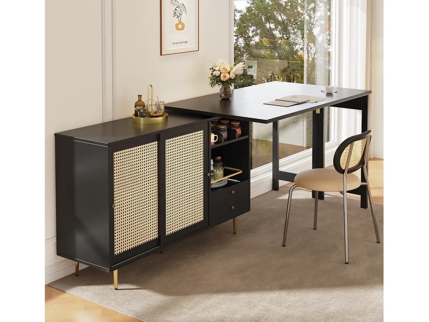 Mesa de bar giratoria con puerta de ratán y estante abierto - Mesa de comedor de madera - Negra - 107x40x71,4 cm