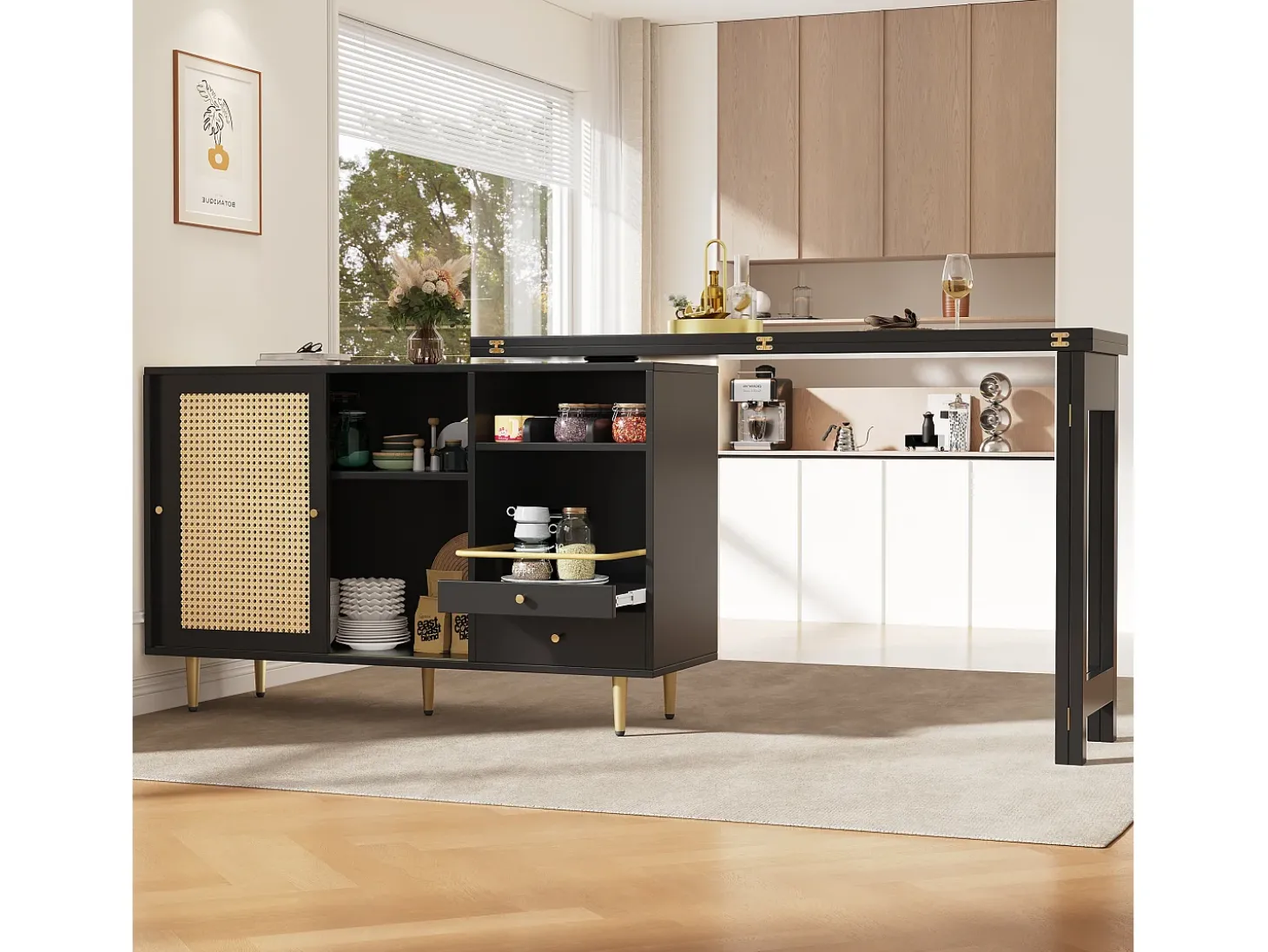 Mesa de bar giratoria con puerta de ratán y estante abierto - Mesa de comedor de madera - Negra - 107x40x71,4 cm