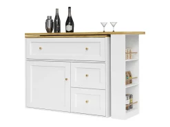 Mesa de bar giratoria con 1 puerta y 2 cajones, espacio de almacenamiento tipo buffet con tablero extensible (138-204)×39×105 cm - blanco