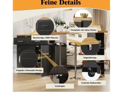 Mesa de bar móvil extensible - 137-215 x 39 x 102,3 cm - con 1 cajón + 2 puertas - MDF - negro