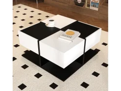 Mesa de café cuadrada con 2 cajones de almacenamiento, negro y blanco - para salón y dormitorio