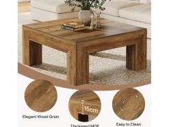 Mesa de café cuadrada para sala de estar, mesa de té central baja y grande de color marrón rústico