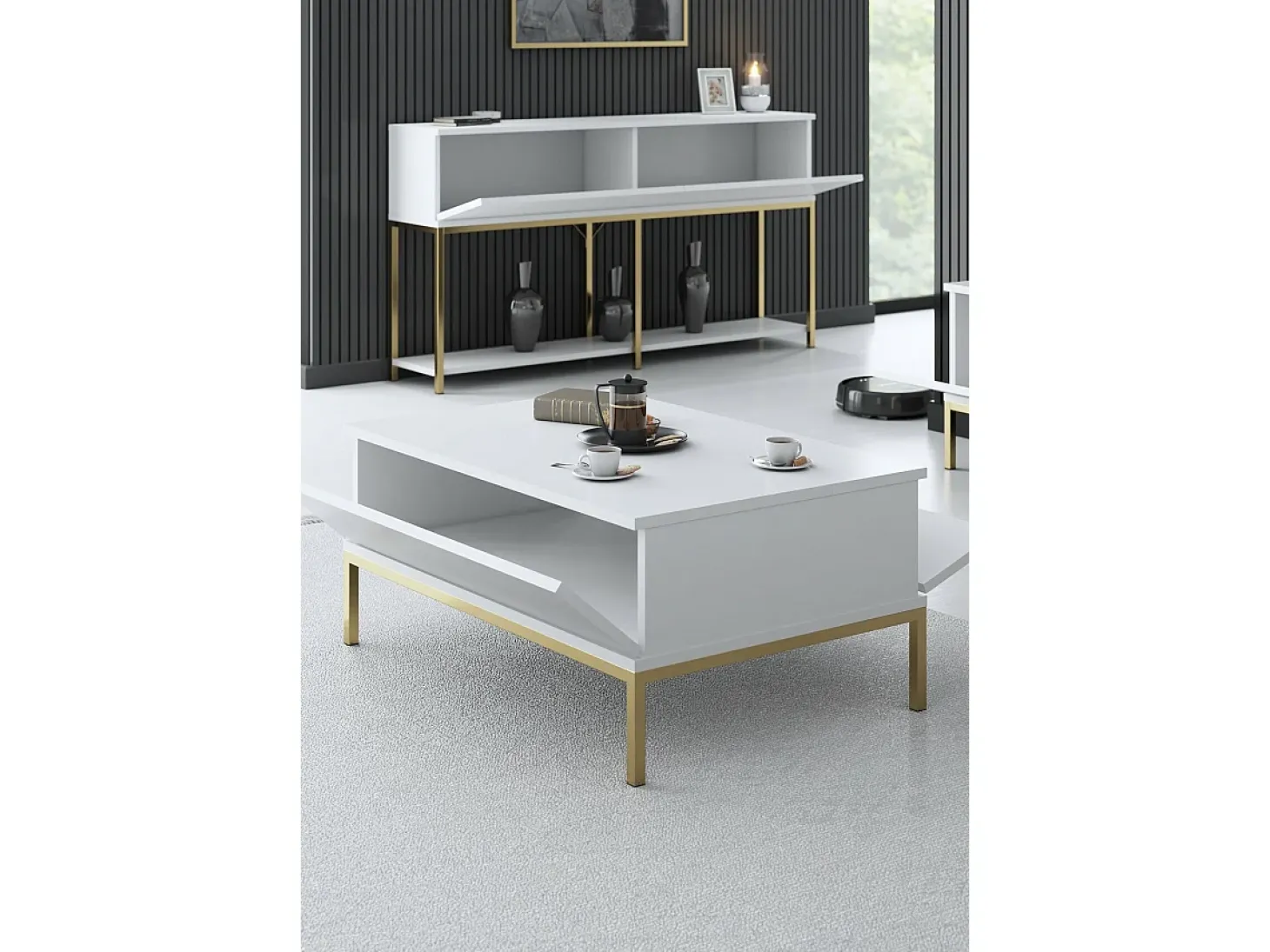 Mesa de café Kailua Z113, Dorado|Blanco, 40x60x90cm, Aglomerado laminado, Angular