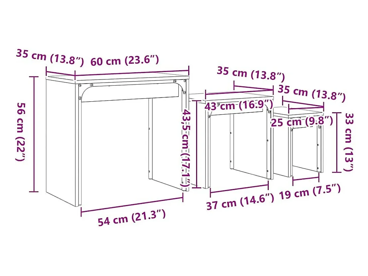 Mesa de Café Nido 3 piezas Roble artisan 60 x 35 x 56 cm