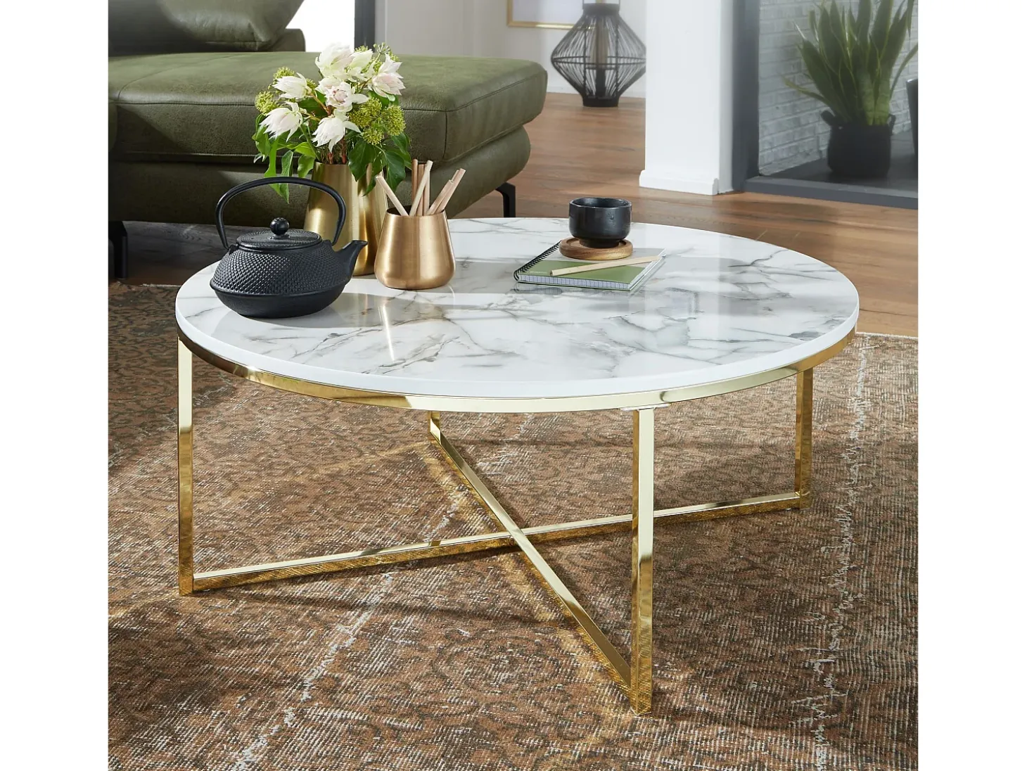 mesa de café 80x36x80 cm con aspecto de mármol blanco | Mesa de salón con estructura de metal | Mesa de centro mesa redonda salón | Mesa auxiliar