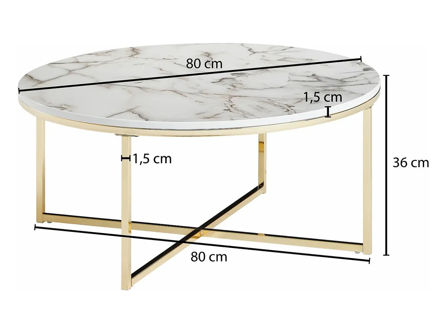 mesa de café 80x36x80 cm con aspecto de mármol blanco | Mesa de salón con estructura de metal | Mesa de centro mesa redonda salón | Mesa auxiliar