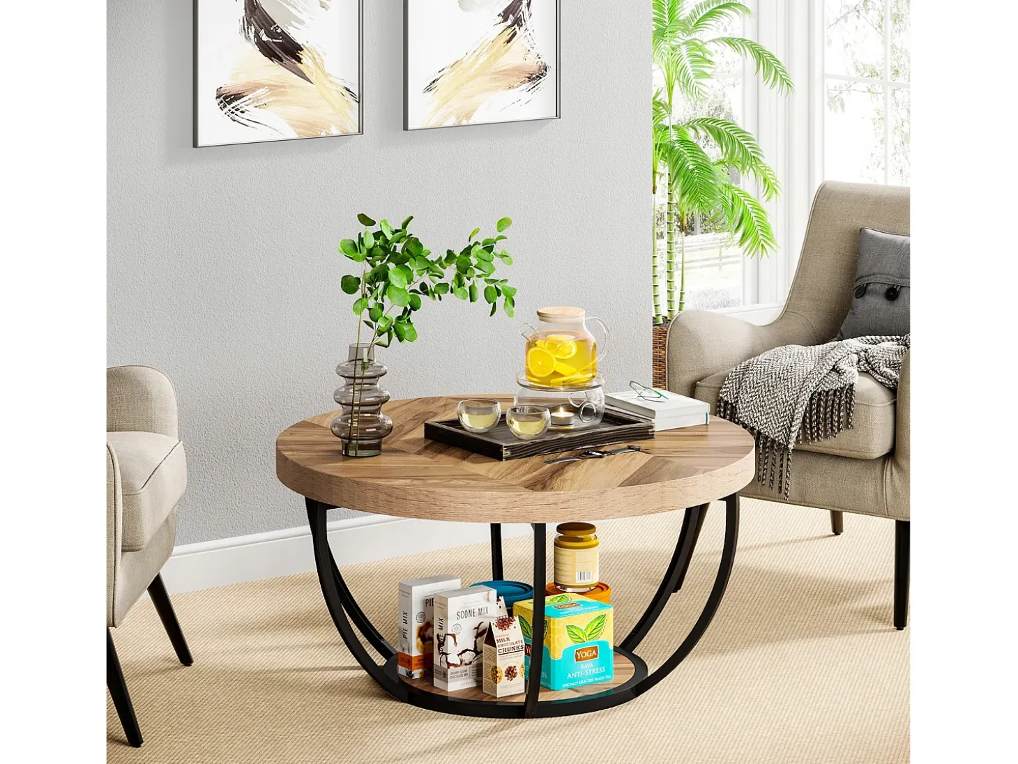 Mesa de cóctel redonda industrial y moderna de dos niveles con estantes, mesa auxiliar circular para sofá con patas de metal