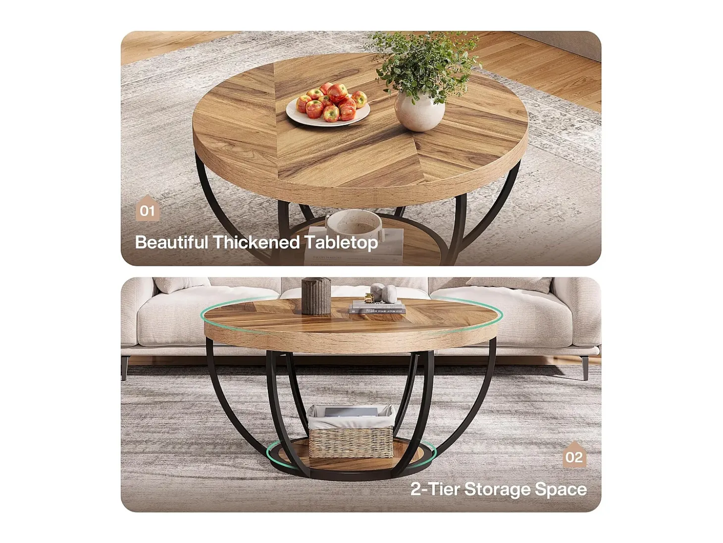 Mesa de cóctel redonda industrial y moderna de dos niveles con estantes, mesa auxiliar circular para sofá con patas de metal