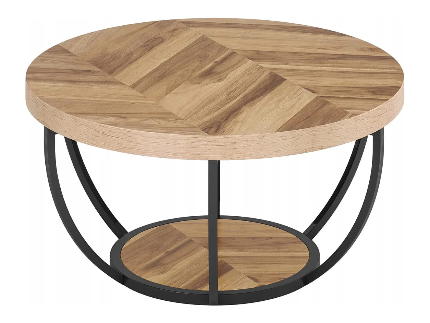 Mesa de cóctel redonda industrial y moderna de dos niveles con estantes, mesa auxiliar circular para sofá con patas de metal