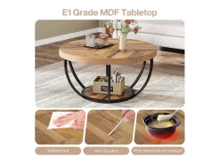 Mesa de cóctel redonda industrial y moderna de dos niveles con estantes, mesa auxiliar circular para sofá con patas de metal