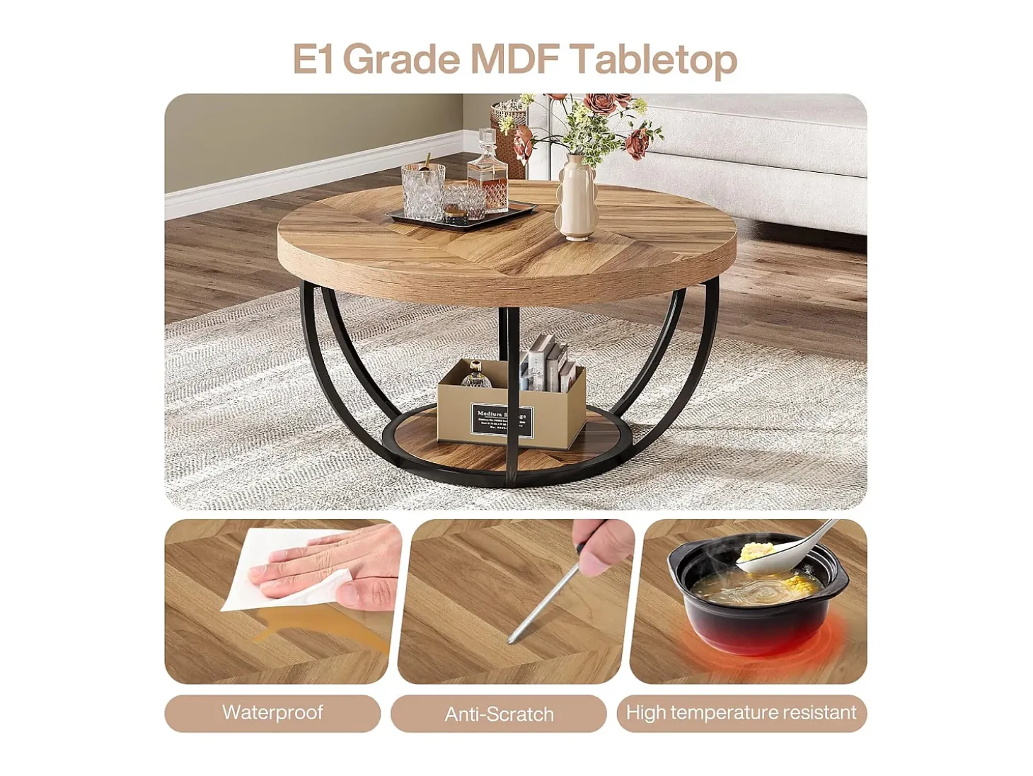 Mesa de cóctel redonda industrial y moderna de dos niveles con estantes, mesa auxiliar circular para sofá con patas de metal