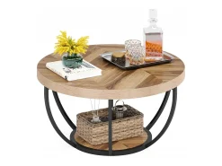 Mesa de cóctel redonda industrial y moderna de dos niveles con estantes, mesa auxiliar circular para sofá con patas de metal