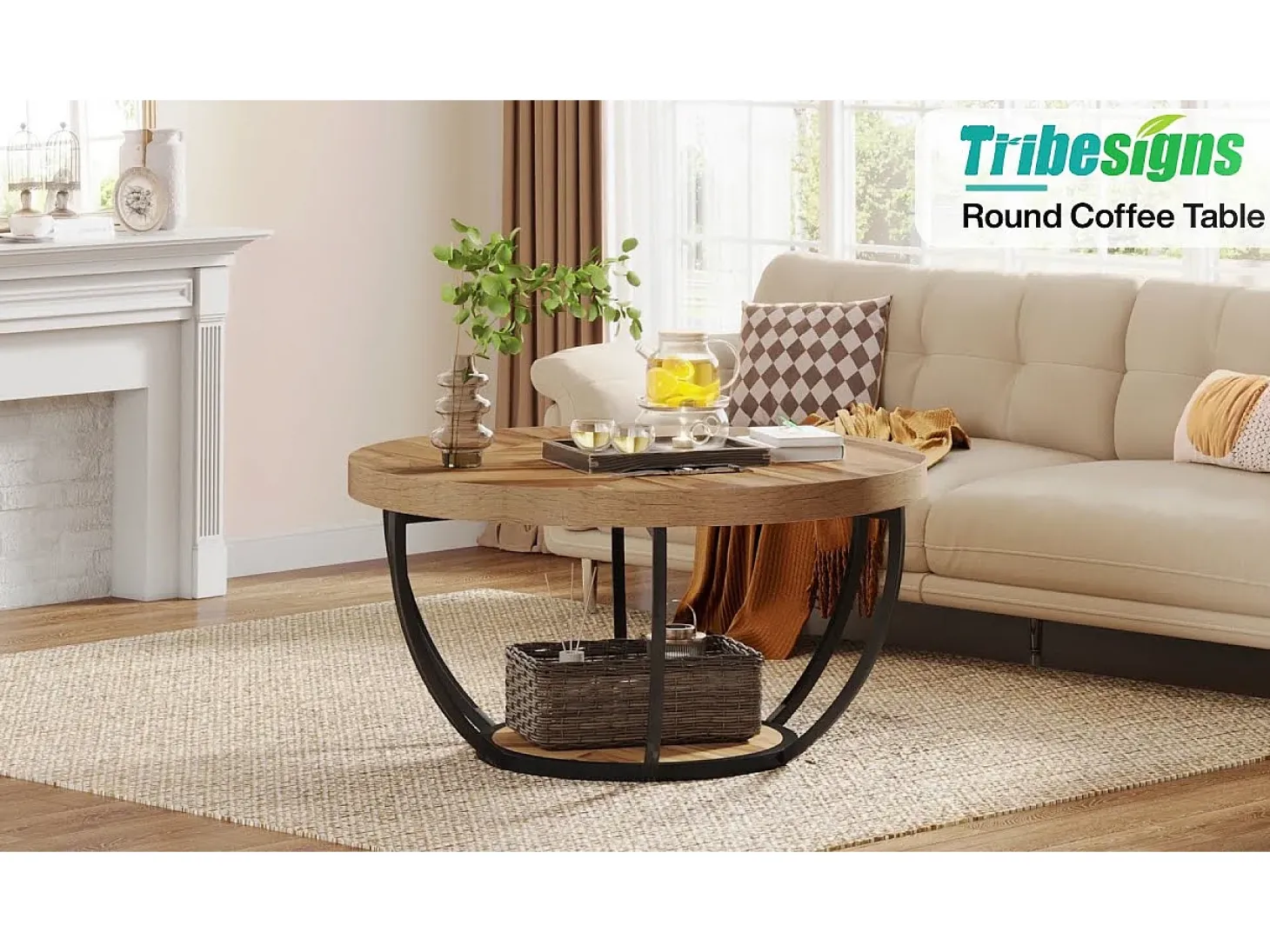 Mesa de cóctel redonda industrial y moderna de dos niveles con estantes, mesa auxiliar circular para sofá con patas de metal