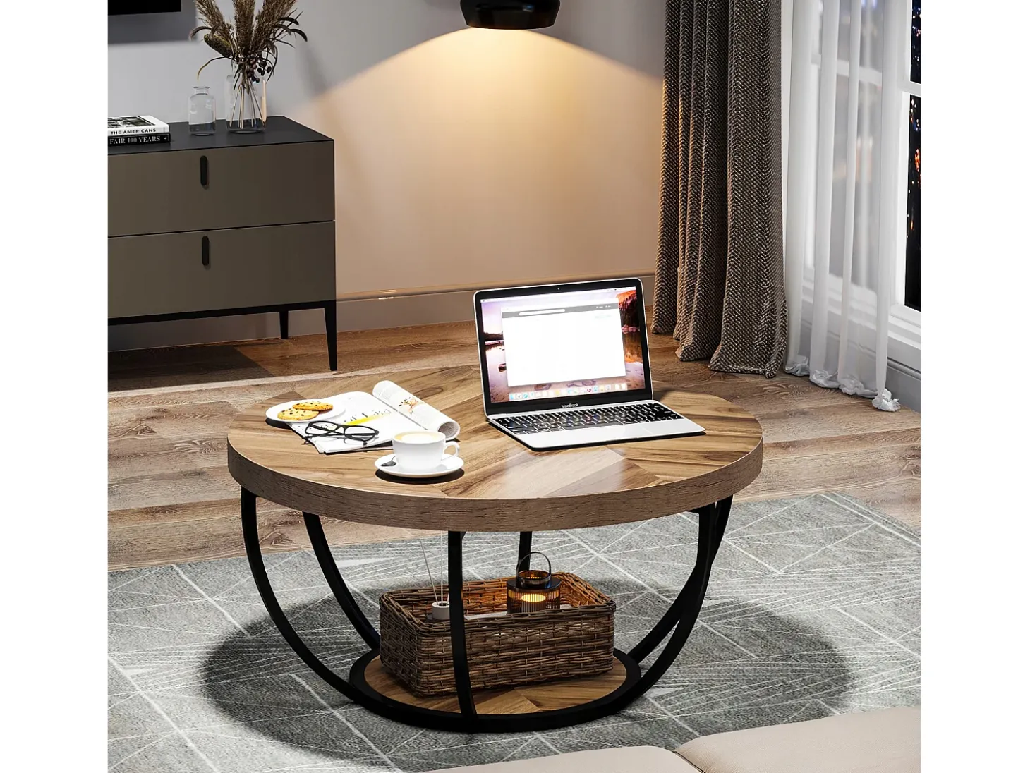 Mesa de cóctel redonda industrial y moderna de dos niveles con estantes, mesa auxiliar circular para sofá con patas de metal