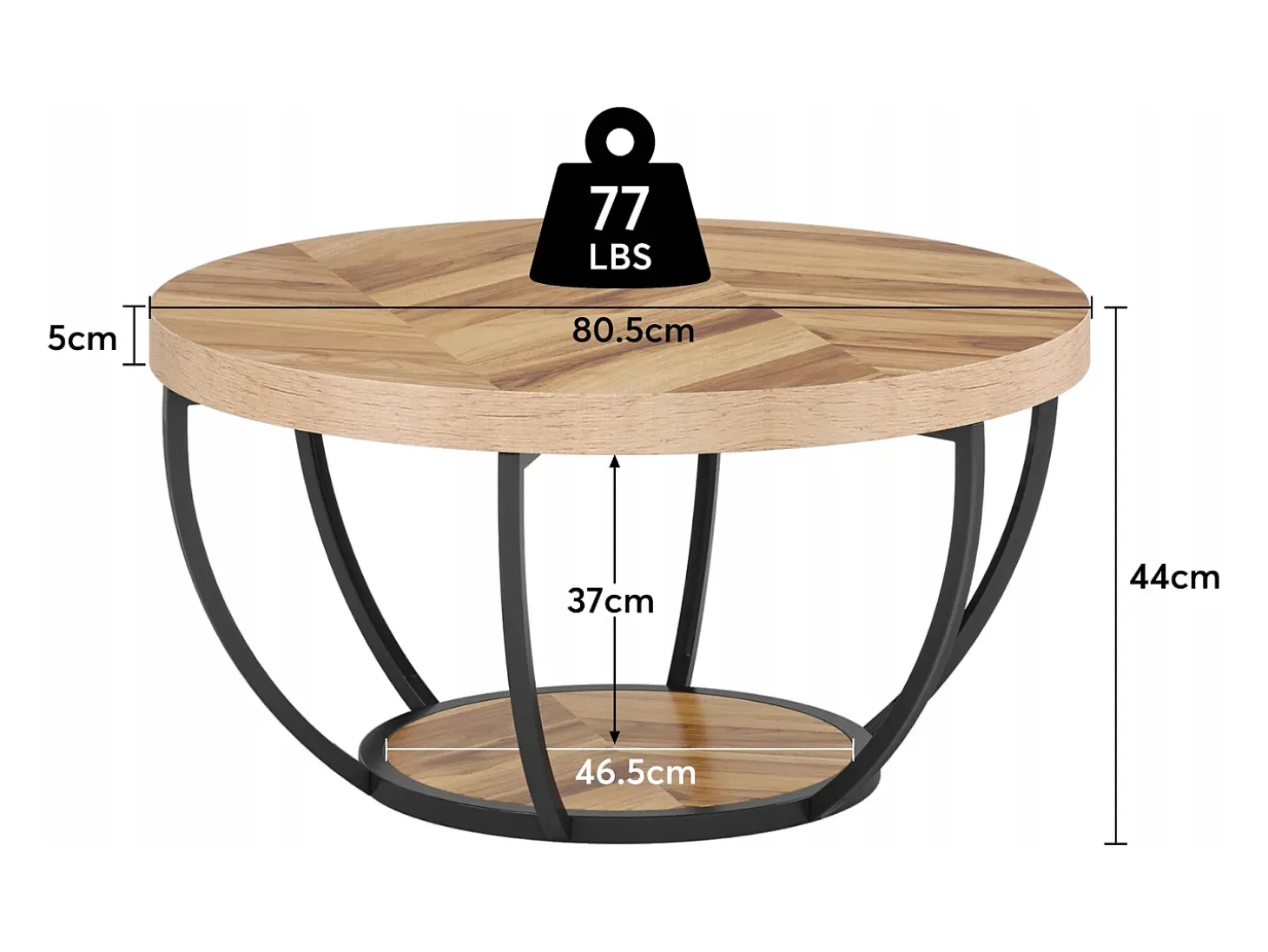 Mesa de cóctel redonda industrial y moderna de dos niveles con estantes, mesa auxiliar circular para sofá con patas de metal
